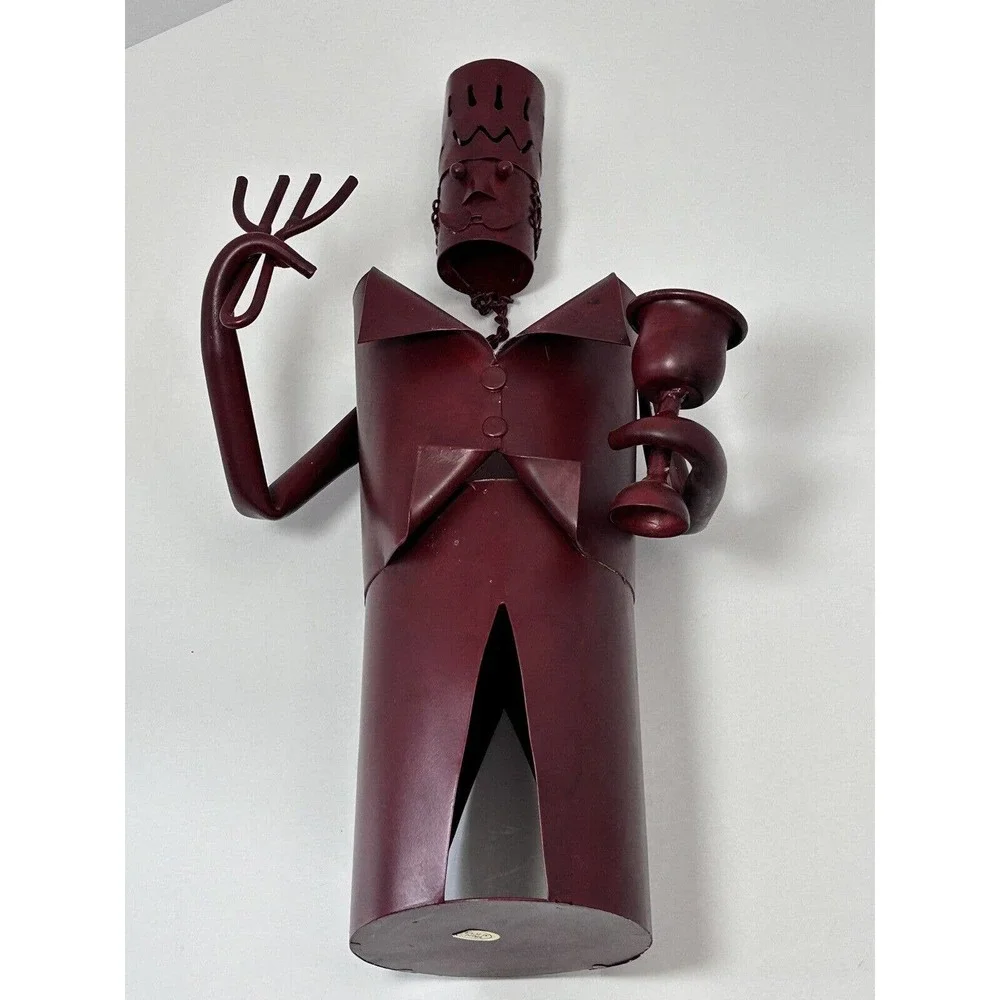 Metal Wine Bottle Holder Waiter Wearing Hat‎ & Tux Ready to Serve , Deep Maroon